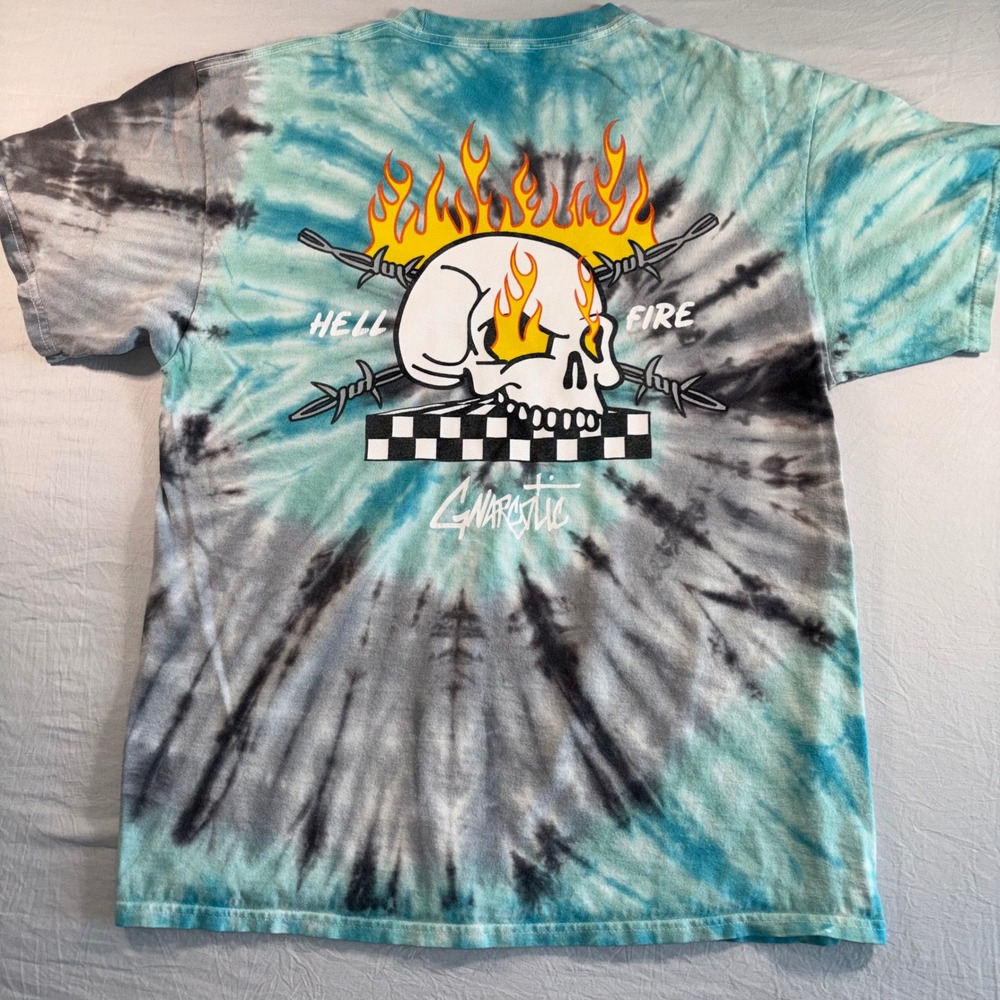 Gnarcotic Hell Fire Skull Tie Dye T-Shirt Mens Large Teal Grey Street Addict